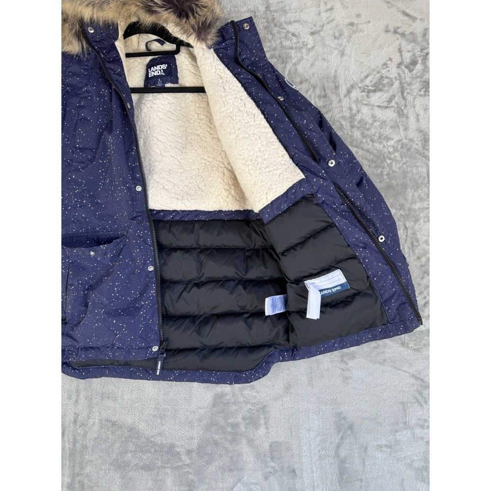 Girls Lands'End Lg (10/12) Navy Zip Up Faux Fur Lined Hooded Parka FLeece Lined - Picture 5 of 6